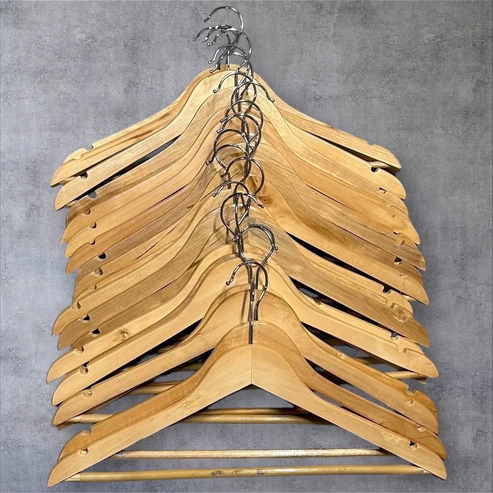 Set of 12 Natural Wood Hangers‎ with Notches and Trouser Bar